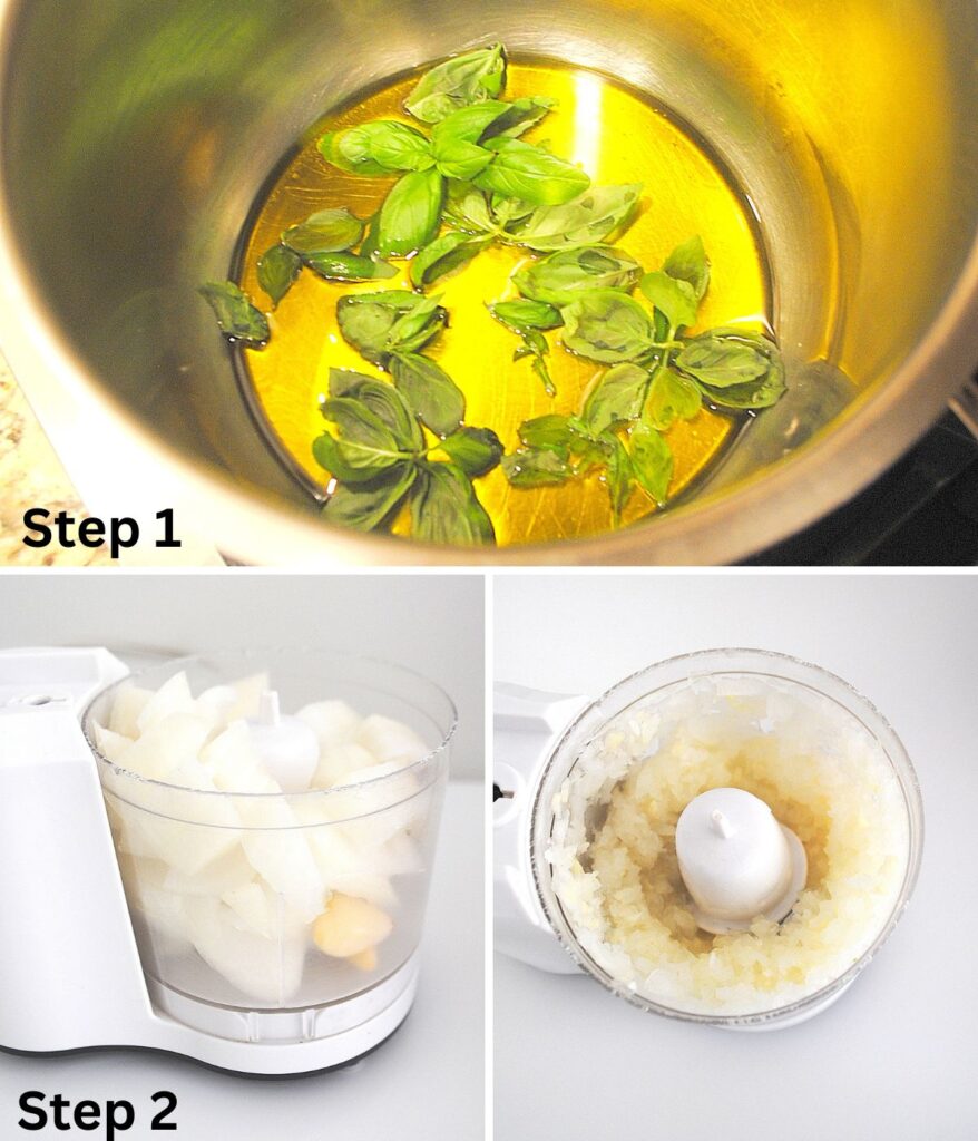 A sauce pot with olive oil and fresh basil leaves tossed into the pot. Mini chopped filled with chopped onion and garlic cloves, and minced.
