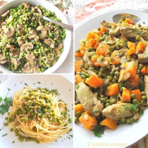 White plate and bowls filled with spaghetti with peas on top, mushrooms and peas, and butternut squash casserole with peas and artichokes.