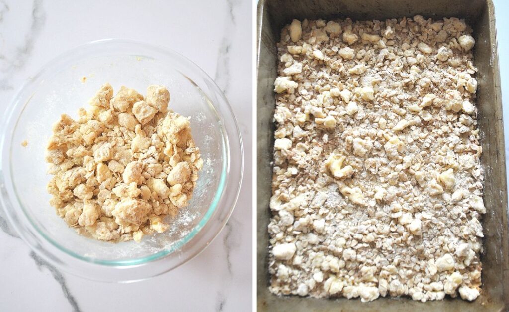 A glass bowl filled with a streusel crumble and its scattered in the pan.