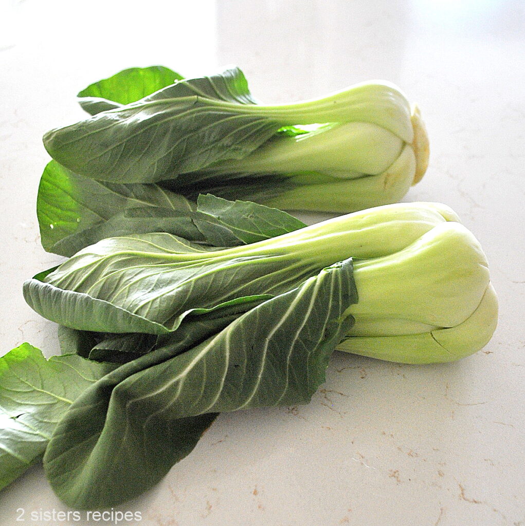 2 bulbs of fresh bok choy sitting on the kitchen counter.