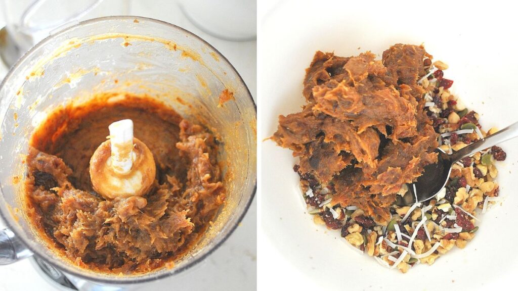 A food processor filled with a nut and date mixture, then into the white bowl with chopped nuts mixture.