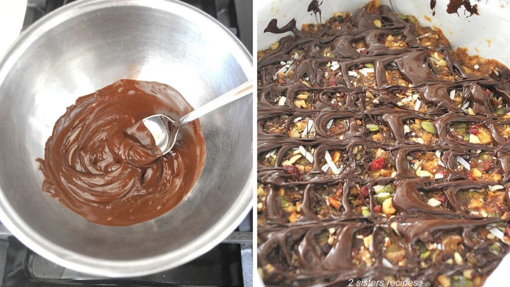 Melting chocolate in a silver bowl, and drizzled over the fruit & nut mixture in the pan.