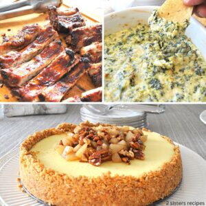 A board filled with baby back ribs, a spinach dip, and a cheesecake topped with chopped pears and pecans.