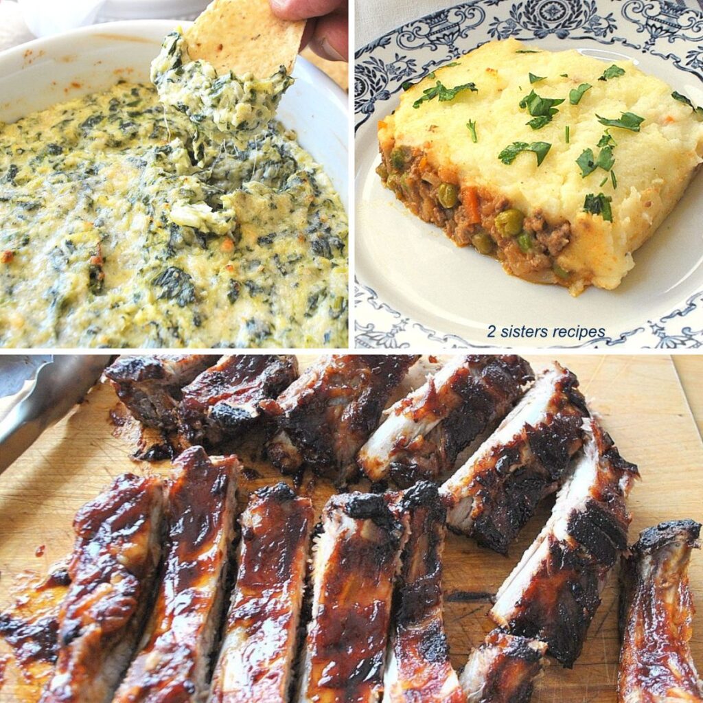 A dip, and shepherd's pie along with baby back ribs on a cutting board.