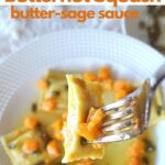 A forkful of cheese ravioli and chopped butternut squash.