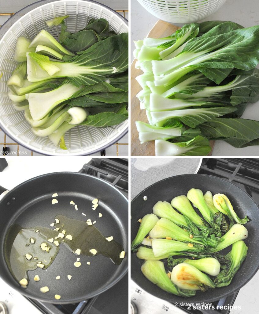 A colander filled with fresh bok choy draining, and a black skillet with olive oil and garlic and bok choy.