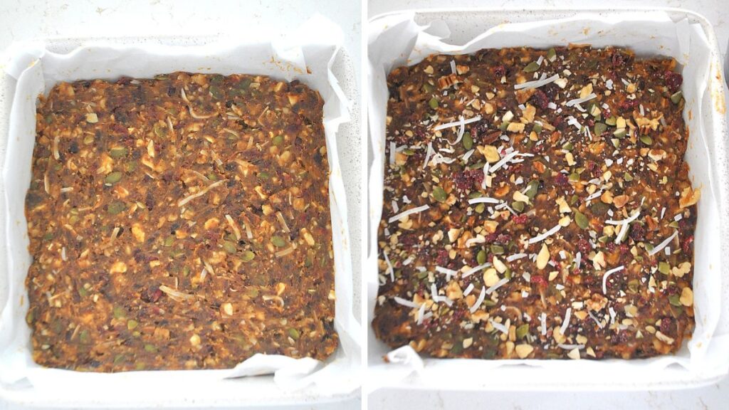 A 9-inch square pan filled with a paste-like of nuts and fruits.