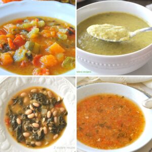 Four white bowls filled with different vegetable soups.