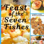 A lobster sauce in a skillet, some seared scallops on a dish, and baked clams served on a white platter, and some seafood salad.