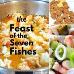 A large skillet filled with chunks of lobster sauce, a white platter filled with baked clams, and a seafood salad.