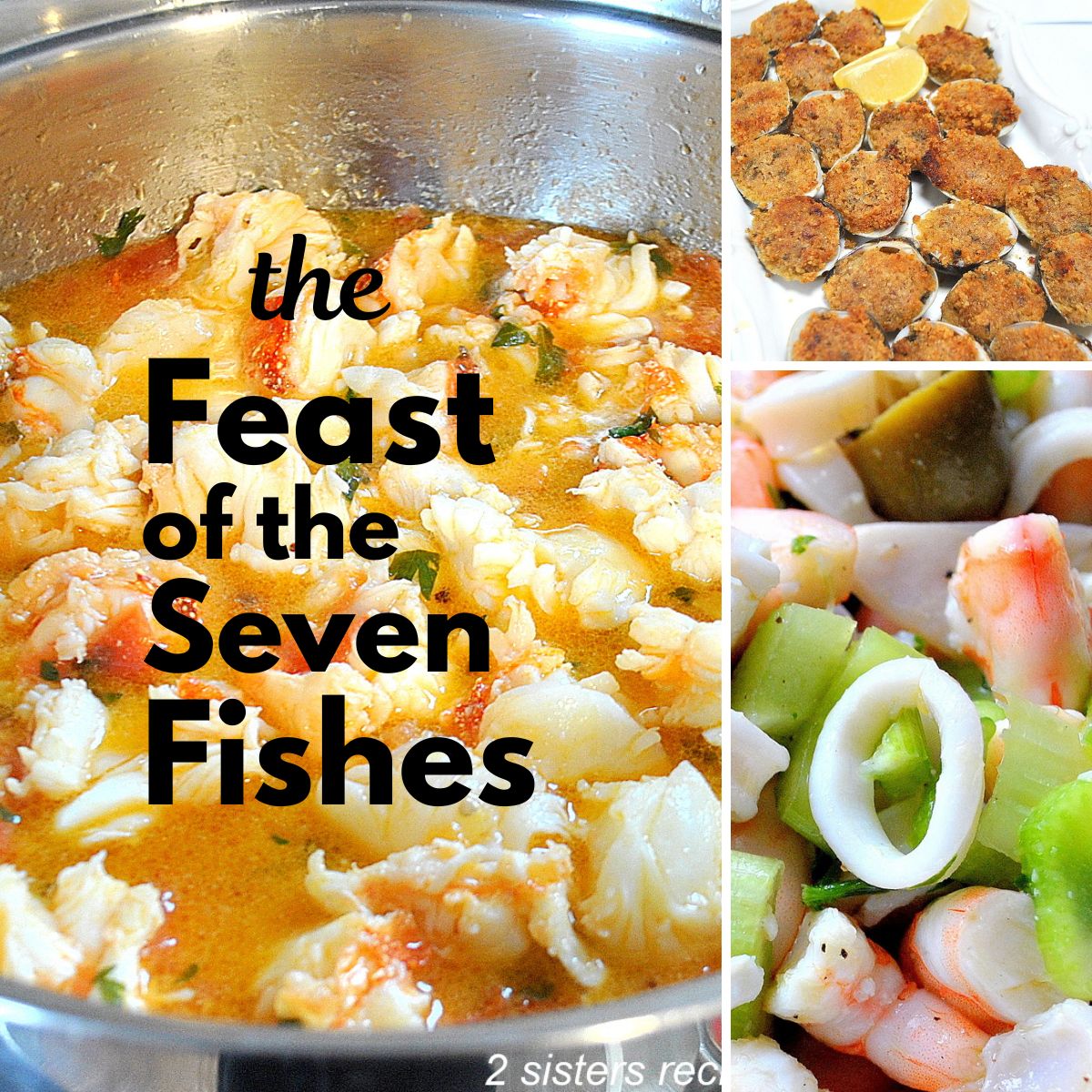 A large skillet filled with chunks of lobster sauce, a white platter filled with baked clams, and a seafood salad.
