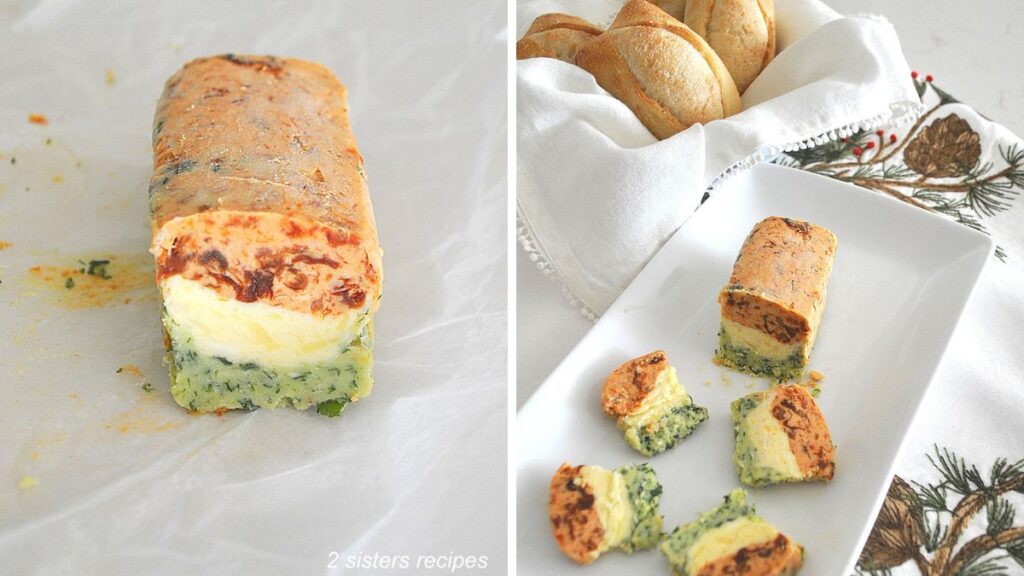 A butter terrine on a sheet of wax paper, and butter slices on a white butter dish and a bowl of bread on the side.