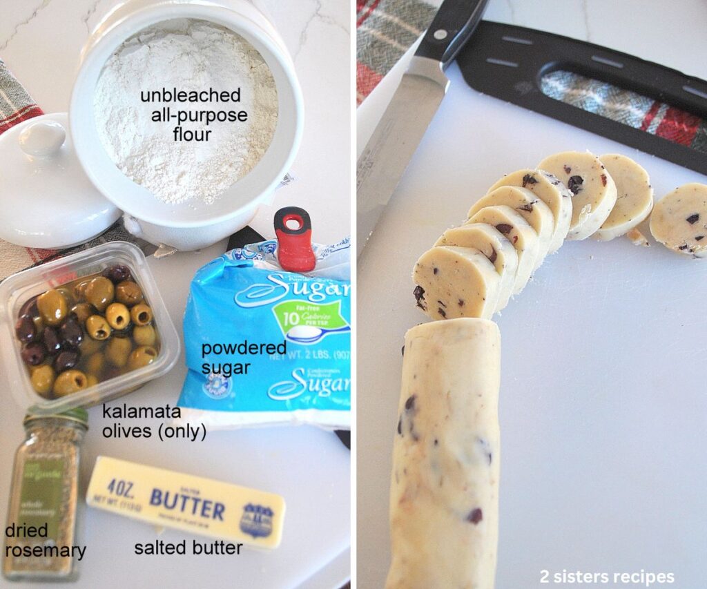 A jar of flour, a stick of butter, olives in a container and a bag of powdered sugar.