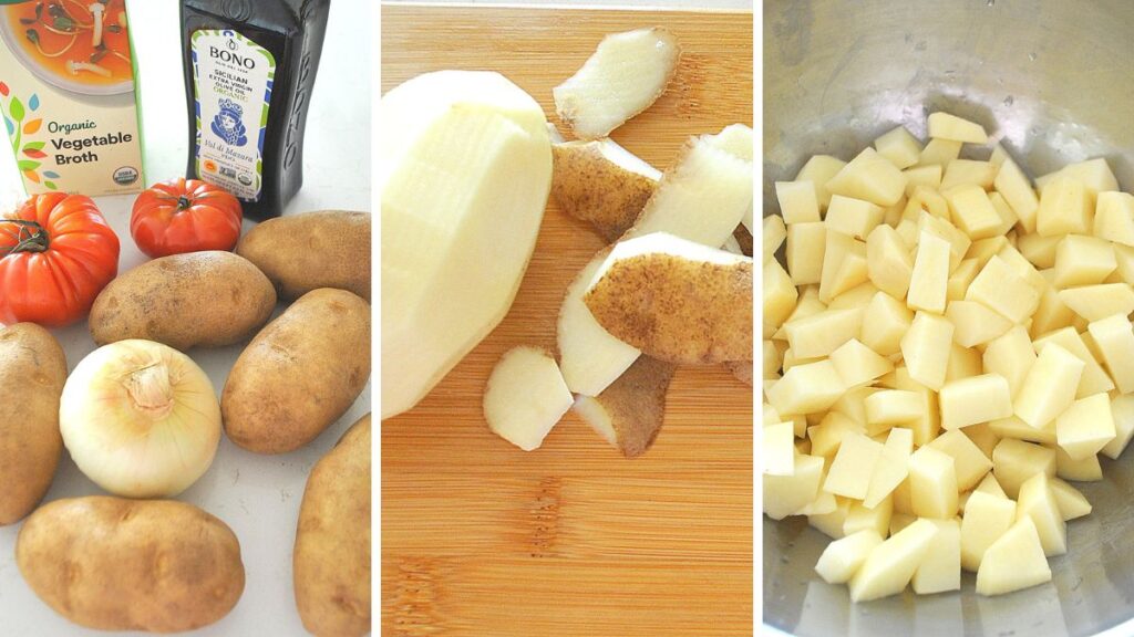 Fresh potatoes on the counter, then skin peeped off, and chopped pieces transferred to a silver bowl.