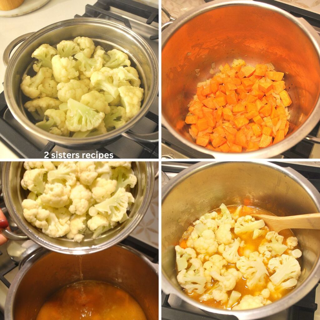 A pot of cauliflower florets, one with chopped sweet potatoes, then both are combined.