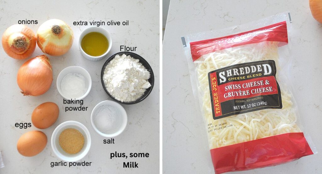 all the ingredients are displayed on the counter, and a bag of mixed shredded cheeses.