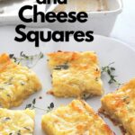 A white platter with eggs squares filled with onions and cheese.