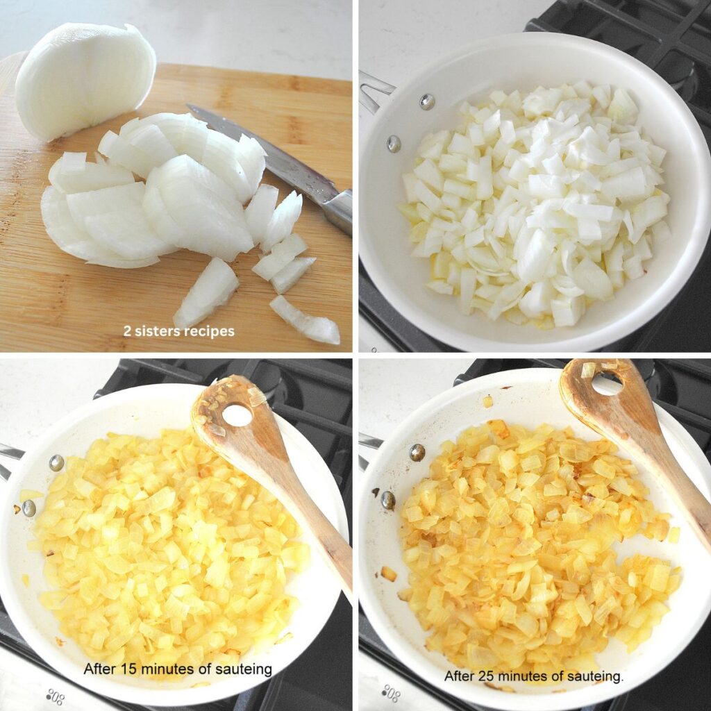 An onion chopped on a board, and skillet with onions cooking on stove top.