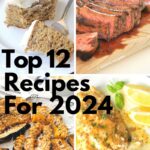 A forkful of banana cake, a sliced grilled steak on cutting board, baked acorn squash slices, and white fish with mustard sauce.