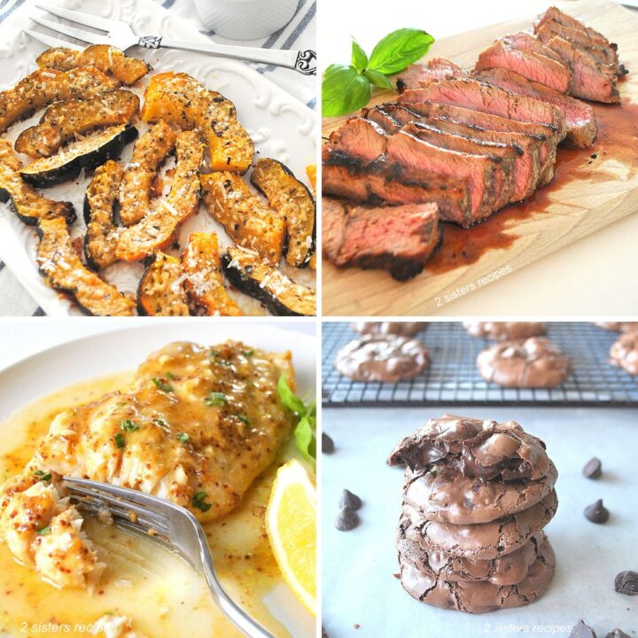 A white platter filled with acorn squash baked, NY steak sliced on a cutting board, a white fish with a mustard sauce, and chocolate chip cookies.
