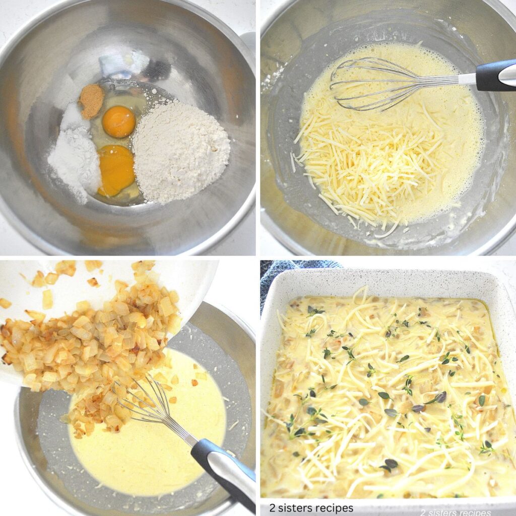 A large silver bowl with ingredients for onions and cheese squares, whisked and sauteed onions added to the bowl, and poured into a baking pan.
