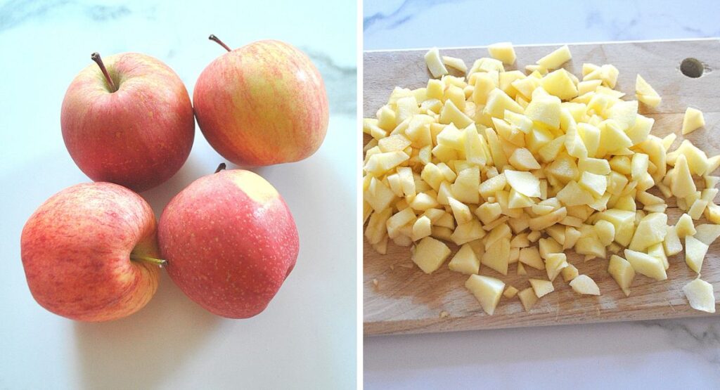 4 small apples placed on the table, and a cutting board with chopped apples.