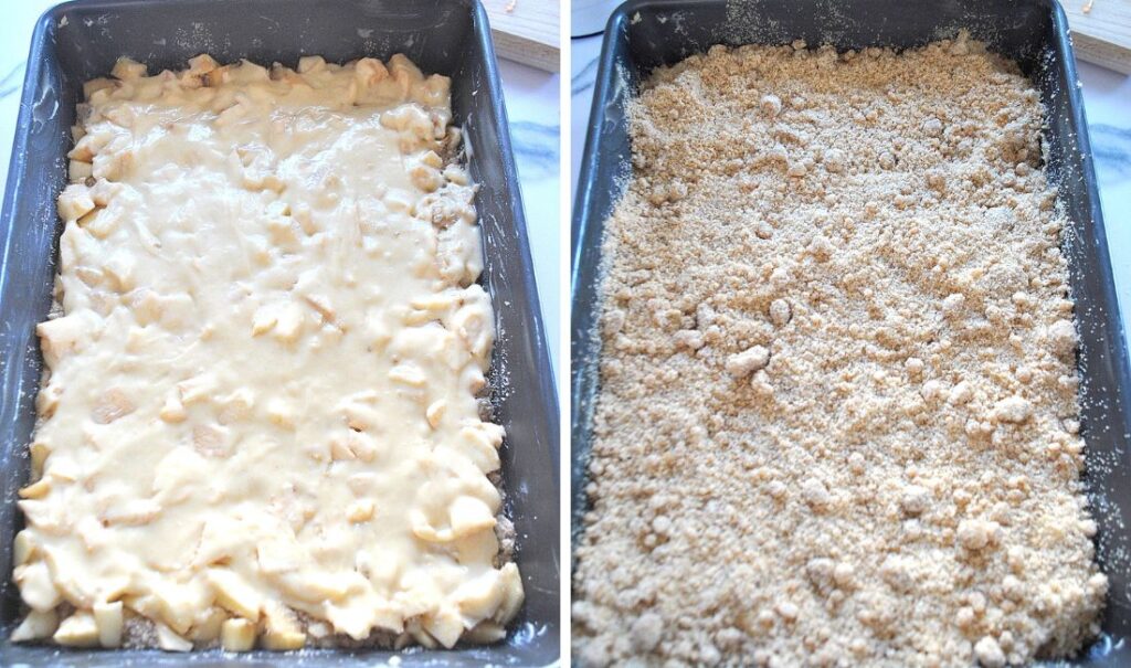 Baking sheet filled with cake batter and crumbs mixture on top.