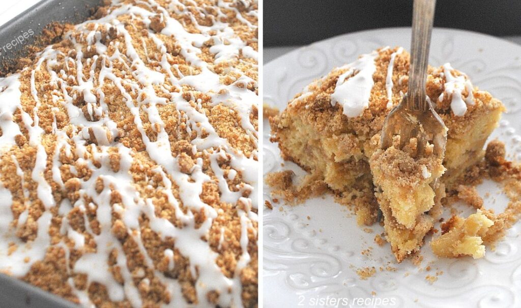 A baked cake with glaze drizzled on top, and a fork into a piece of cake on a white plate.