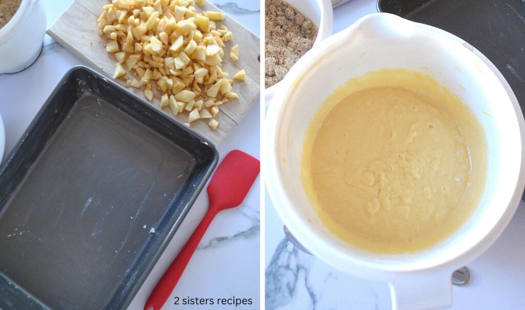A large baking pan, with chopped apples on a board, and a cake batter inside a mixing bowl.