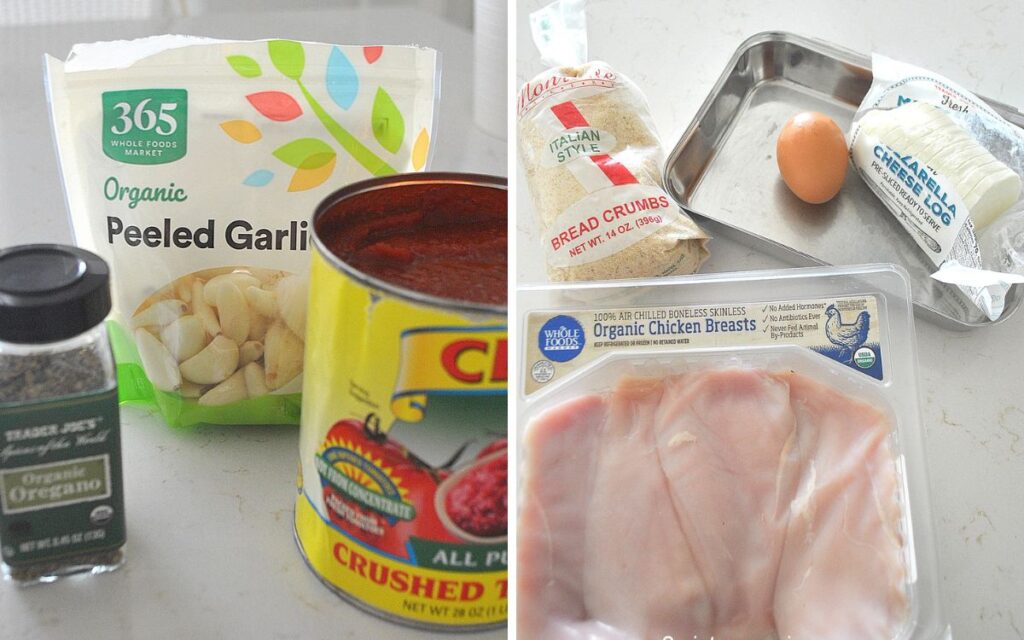 Ingredients for this recipe chicken pizzaiolo are displayed on the counter.
