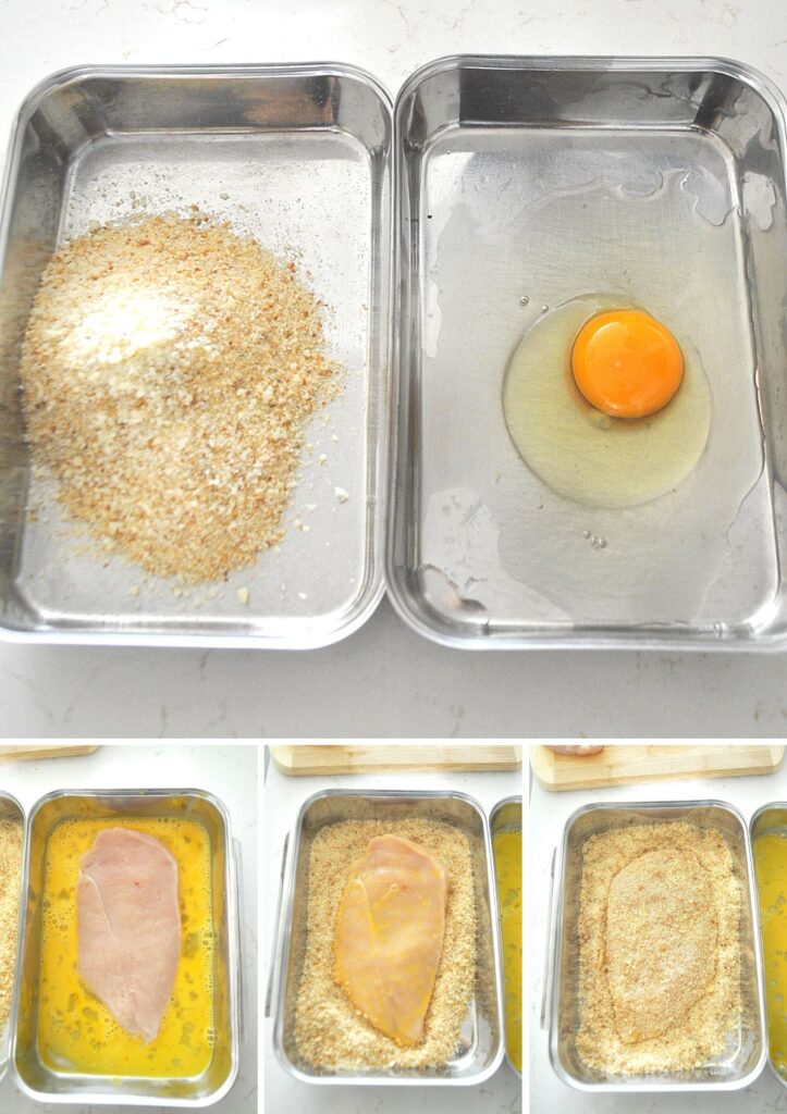 two breading pans, one with a raw egg, and the other with breadcrumbs. One raw chicken cutlet is dipped into the egg, then breadcrumbs until coated.