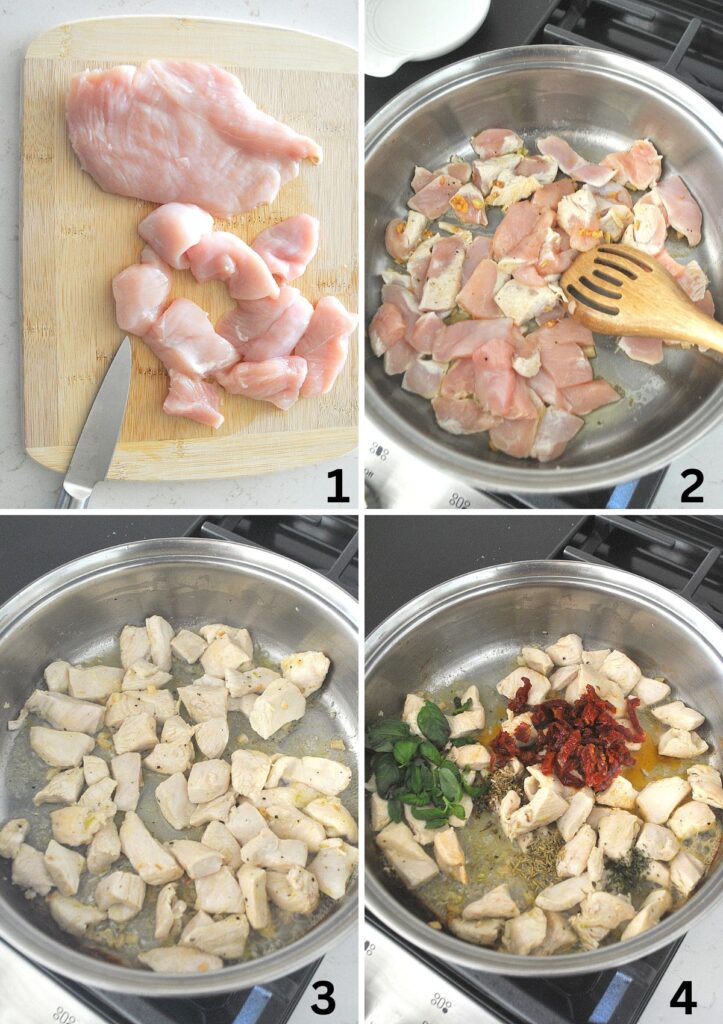 A cutting board with raw chicken, cut into pieces. A stainless steel deep skillet cooking the chicken, and seasonings added.