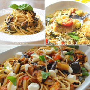 A white bowl is spaghetti and zucchini, a spoonful of orzo pasta with cherry tomatoes, and spaghetti with cubes of eggplant and balls of mozzarella cheese.