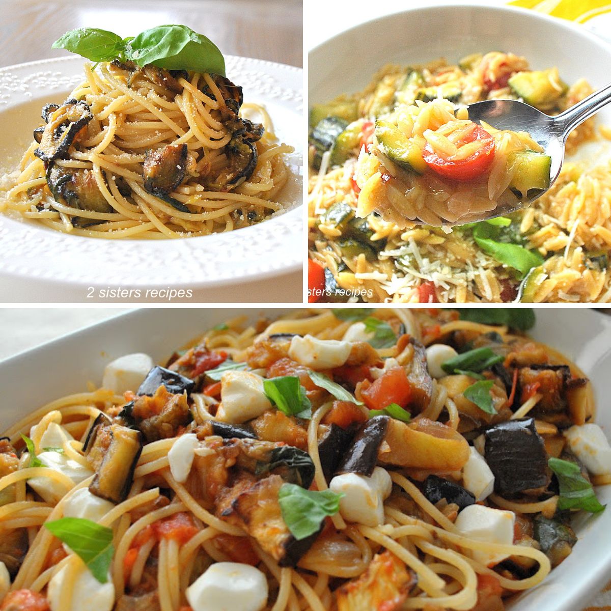 A white bowl is spaghetti and zucchini, a spoonful of orzo pasta with cherry tomatoes, and spaghetti with cubes of eggplant and balls of mozzarella cheese.