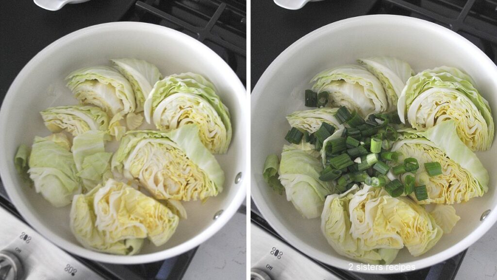 A white Dutch oven filled with cabbage wedges and chopped green onions.