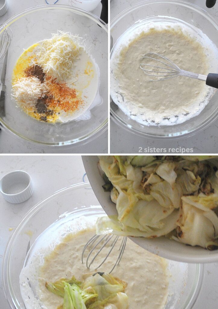 A clear glass mixing bowl with the wet ingredients and spices whisked to combined. And grilled cabbage is added to the mixture.