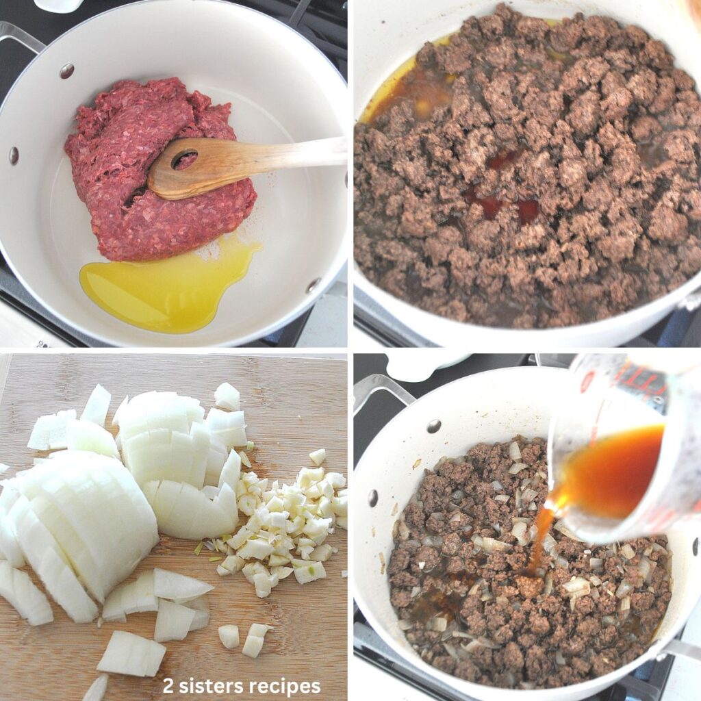 In a white Dutch oven cooking ground beef, a wood board with chopped onion and garlic, and broth poured into the pot.