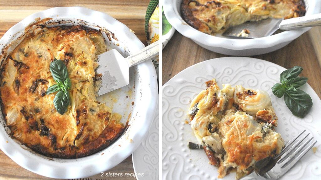 A baking pie plate with a baked cabbage au gratin and a plate with a portion of it. 