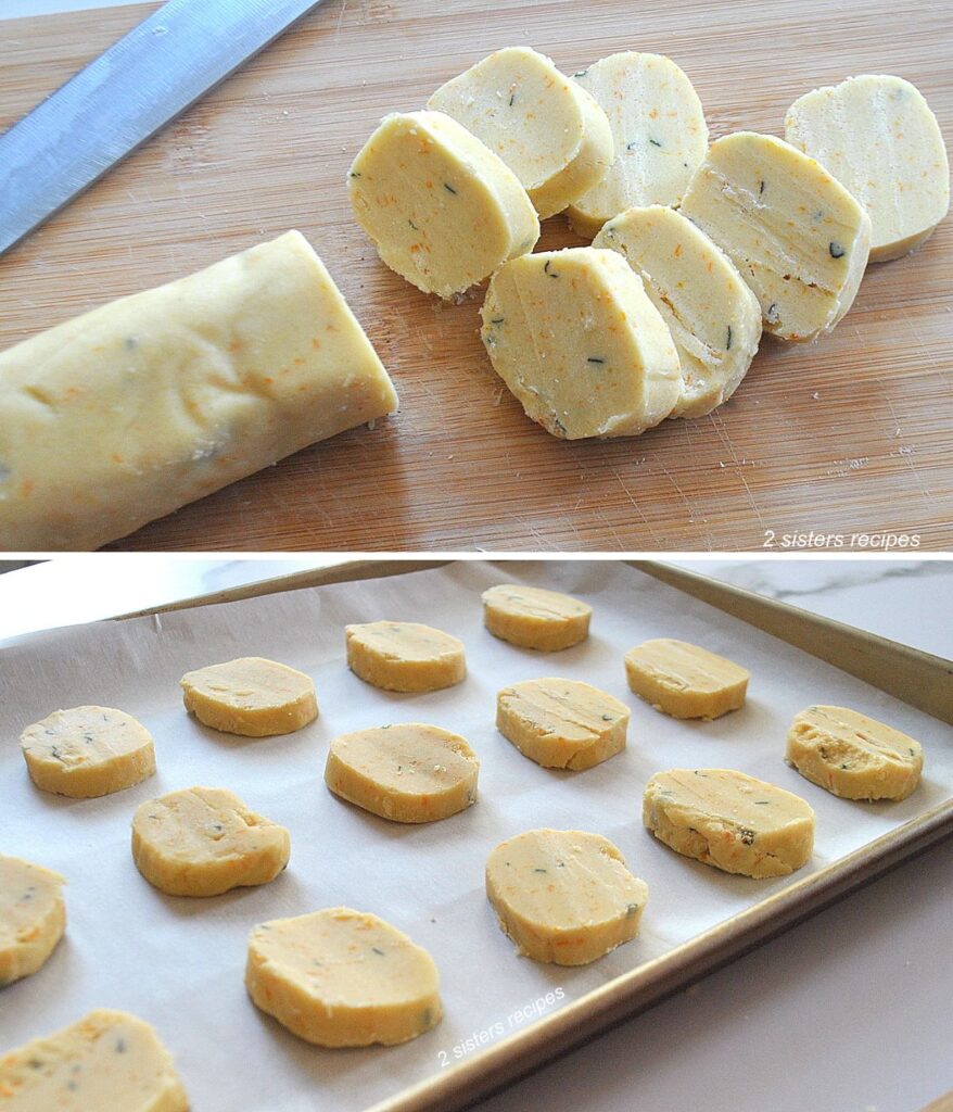 A cookie log sliced on a cutting board, and placed onto a baking sheet, ready to bake them.