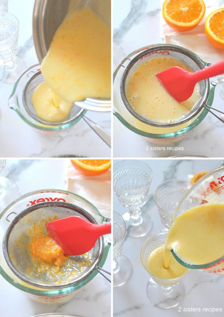 Pouring cream mixture into a small mesh sieve over a glass measuring cup, and a small red spatula to stir the cream through, then pouring into a stemware glass.