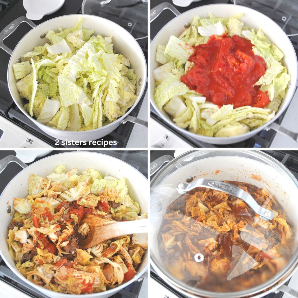 A white Dutch oven filled with chopped cabbage, then tomatoes are added, a spoon stirring the mixture and covered with a lid.