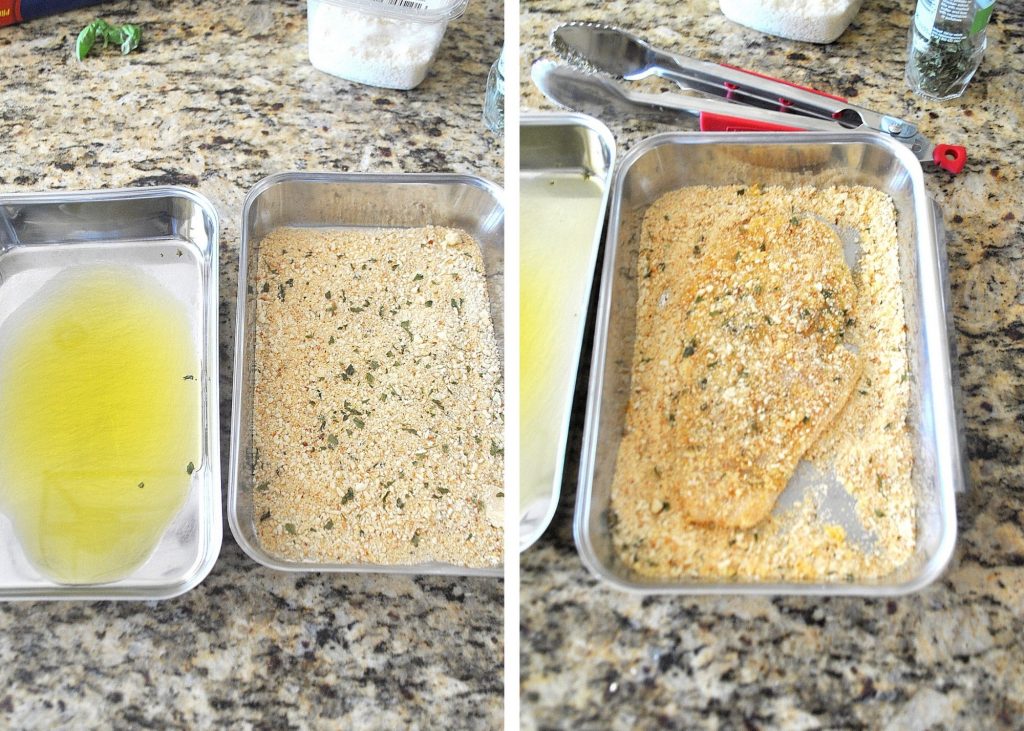Three stainless steel serving trays, one filled with olive oil, another with bread crumb mixture. And a cutlet coated with bread crumbs.