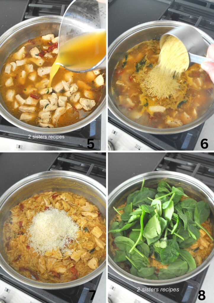 A large deep skillet filled with cooked chicken bites, broth is poured into the skillet, then orzo, cheese and spinach.
