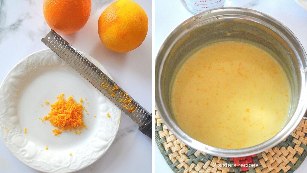 A medium saucepan with cream mixture, and a white plate with orange zest.