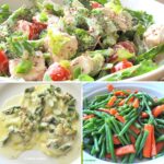 A chicken salad, ravioli with asparagus sauce and green beans and carrot salad.