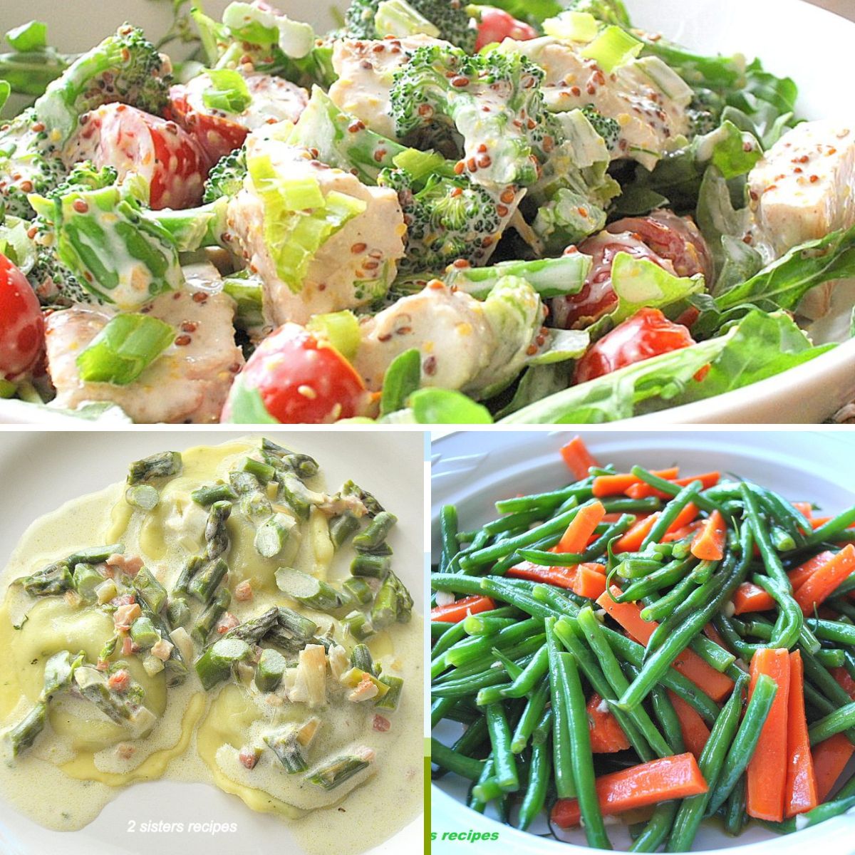 A chicken salad, ravioli with asparagus sauce and green beans and carrot salad.