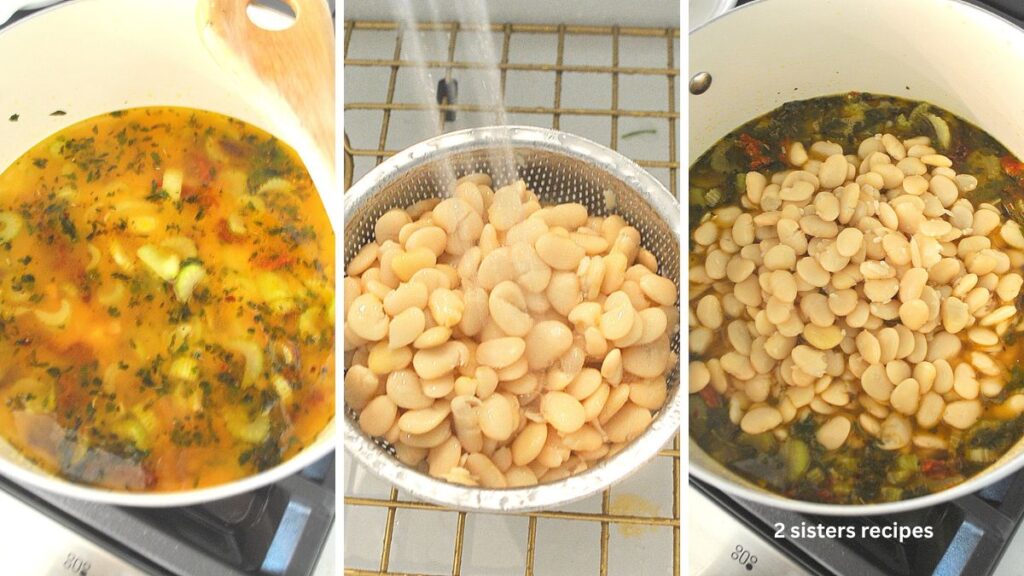 Broth is added to the pot with simmering veggies, beans are rinsed in the sink, then add to the pot.