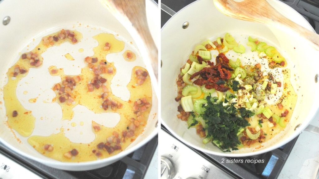 a white Dutch oven pot with olive oil and panetta, and then seasonings, parsley and sundried tomatoes are added.
