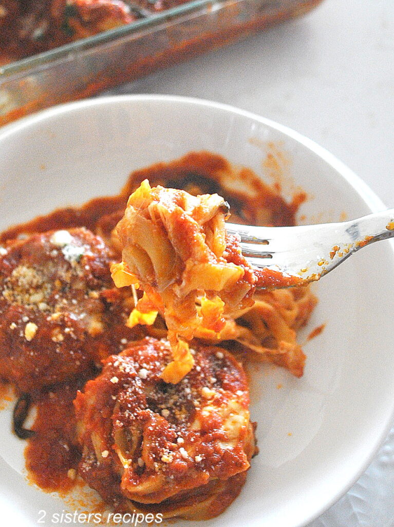 A forkful of tagliatella pasta with tomato sauce.