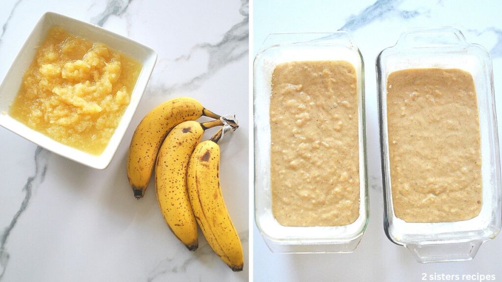 three bananas, and a bowl filled with crushed pineapple. Plus, 2 bread pans filled with batter.